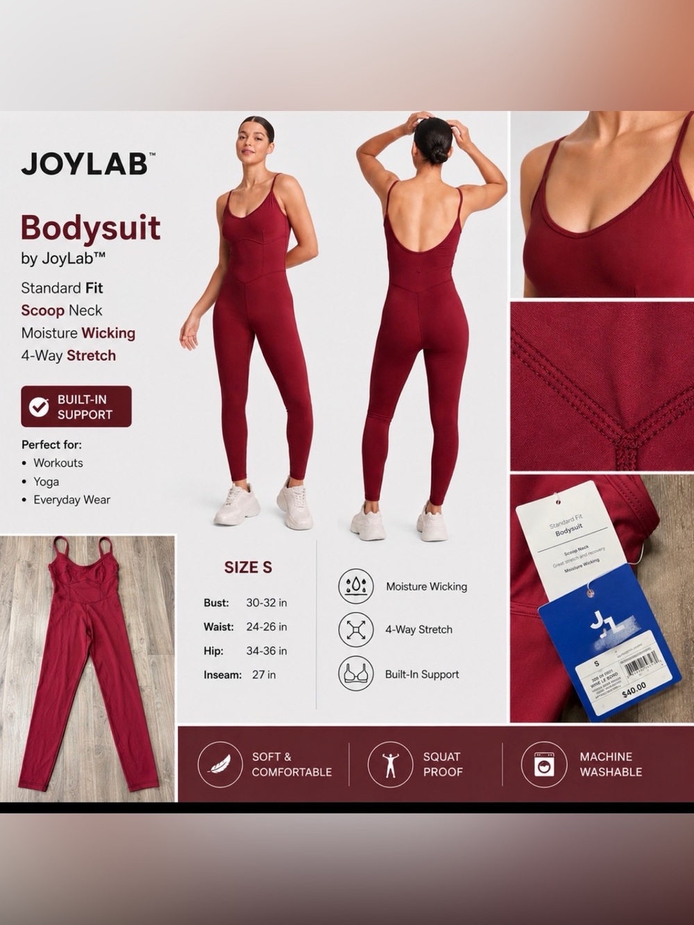 JoyLab Women’s Standard Fit Bodysuit Jumpsuit Burgundy Red Size Small NWT